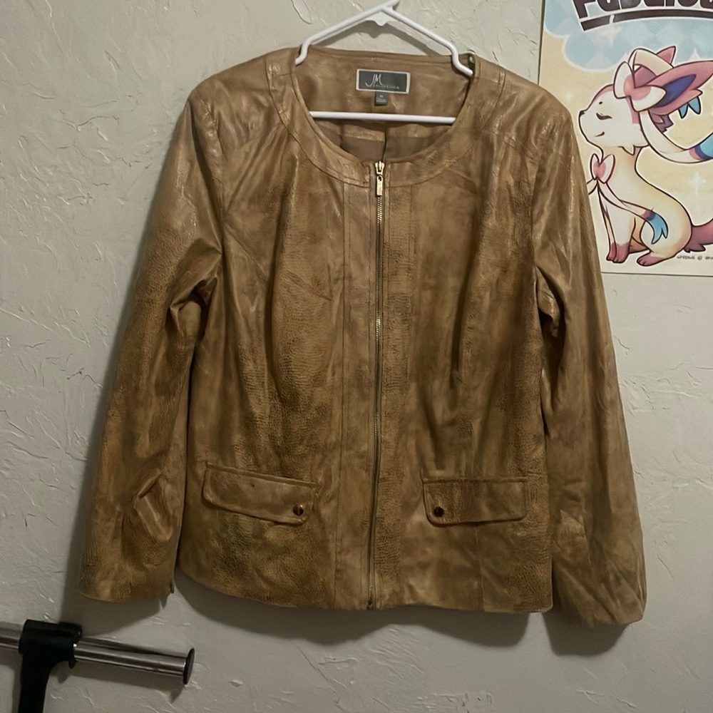JM Collection Camel Faux Leather Vegan Snakeskin Print Zip Up Jacket w/ Pockets